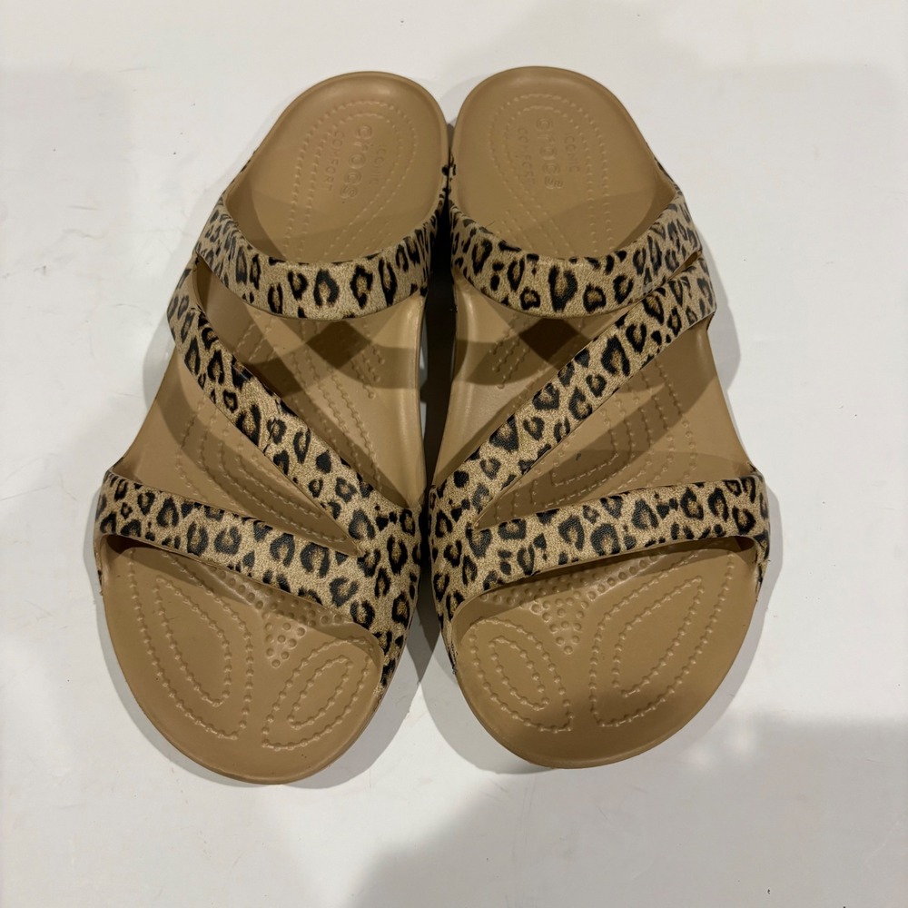 Crocs Kadee II Leopard Print Triple Strap Sandals Slides Tan Black Womens 10